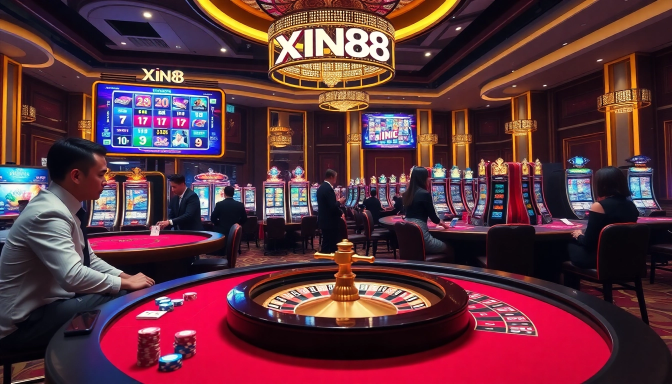 XIN88 gaming experience with vibrant casino tables, poker chips, and a roulette wheel in an upscale environment.