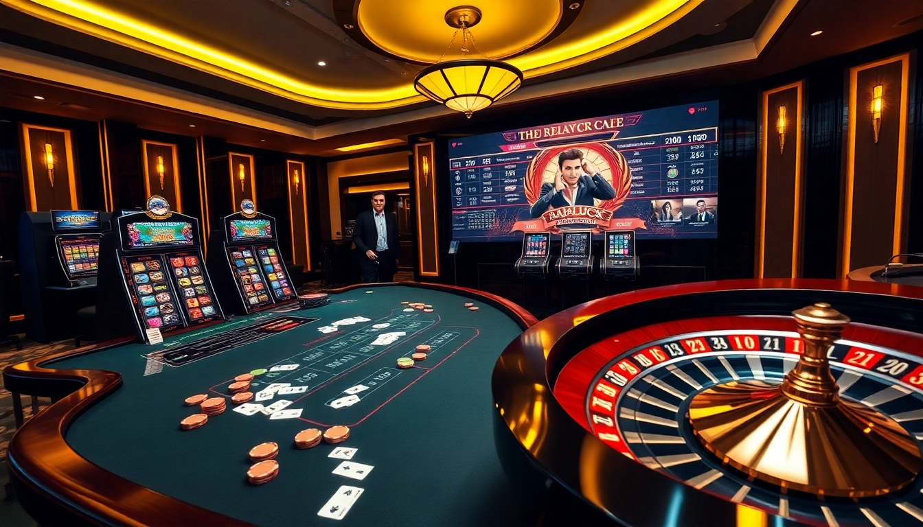 Rajaluck casino table with vibrant slot machines and poker chips for exciting gaming.