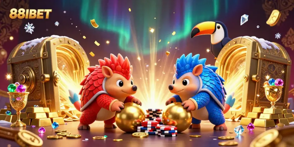 Experience the thrill of 88IBET with competitive pangolins in a treasure-filled casino scene.