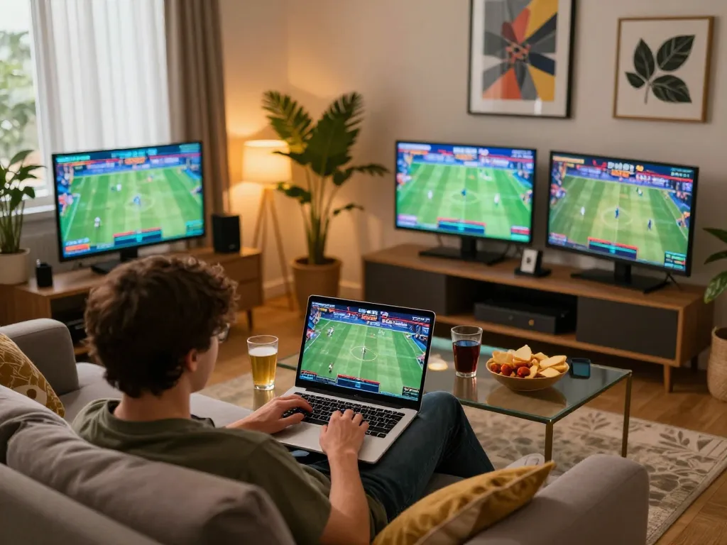 Engaging moment of sports betting on QQ88, showcasing live match screen and relaxed home setup.
