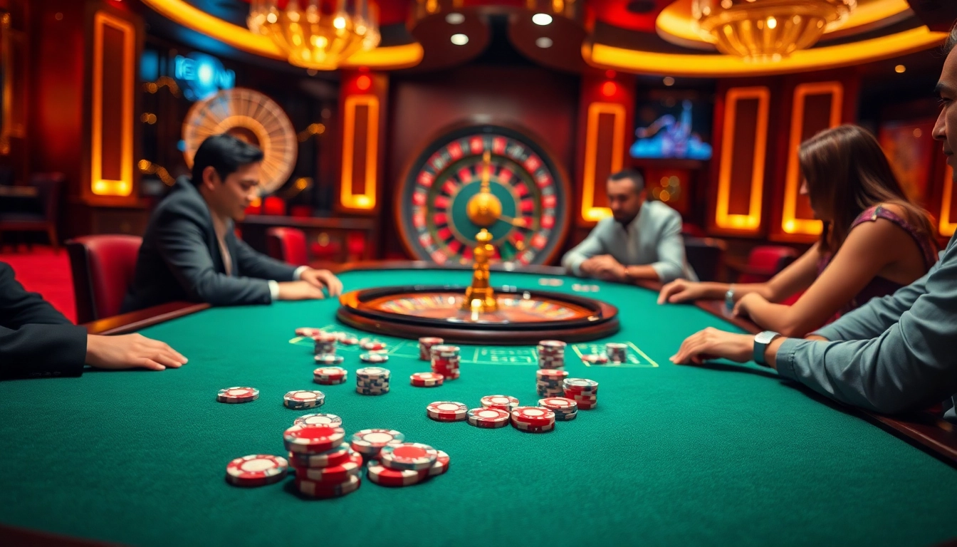 Players engaging in an exciting poker game at gk88's luxurious casino table.