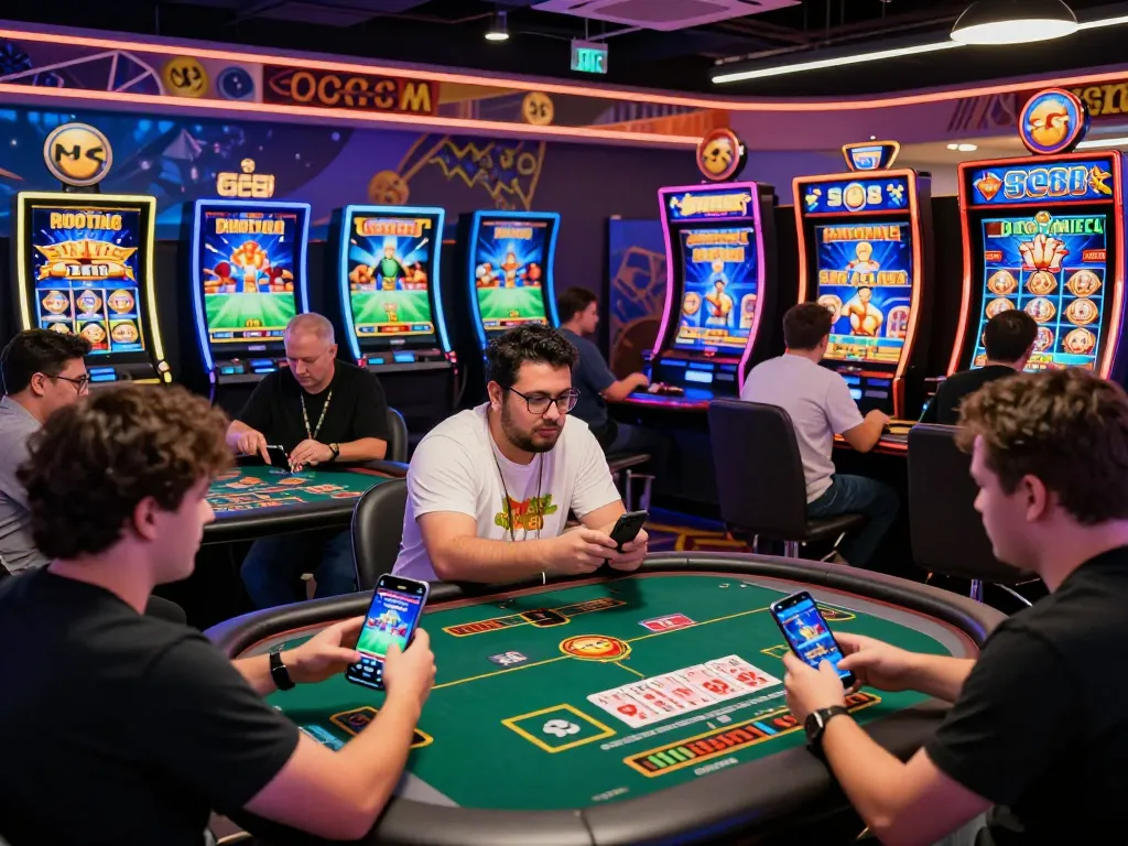Exciting gaming experience at SC88 with diverse players engaged in sports betting and live casino games, vibrant atmosphere and dynamic digital graphics.