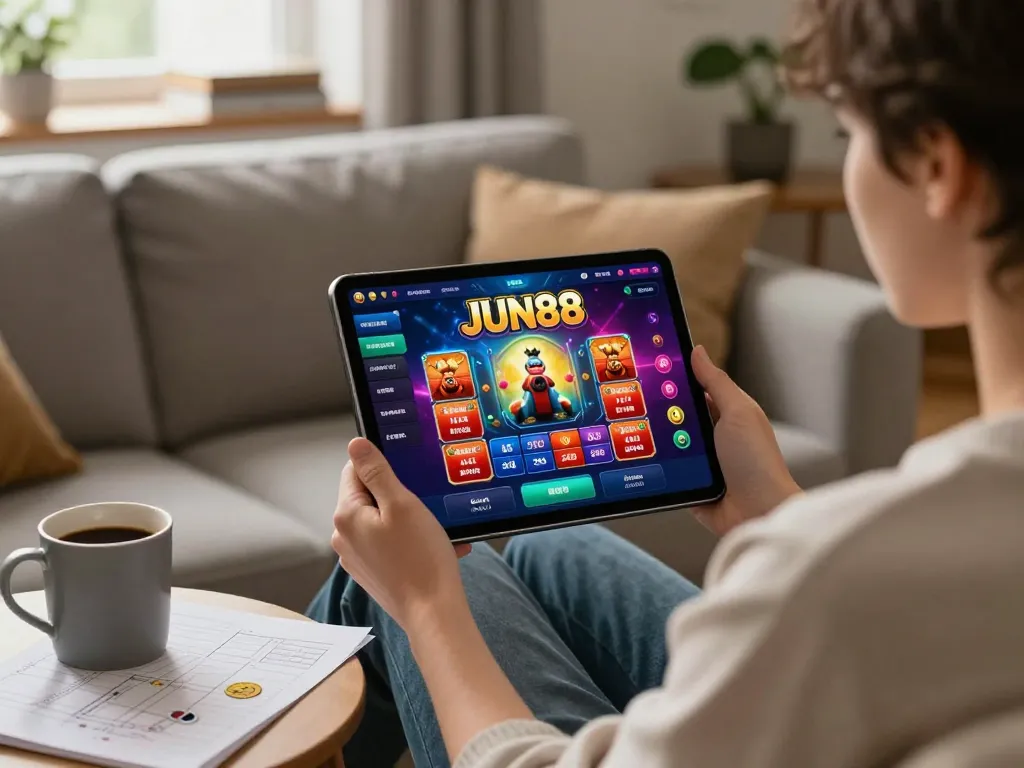 Player using the JUN88 mobile app on a tablet, enjoying a cozy online gaming experience.
