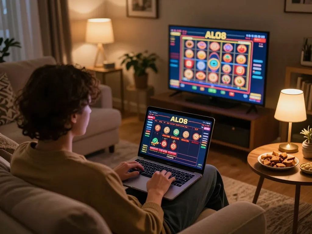 Player exploring the ALO8 casino on a laptop at home, highlighting immersive online gaming.