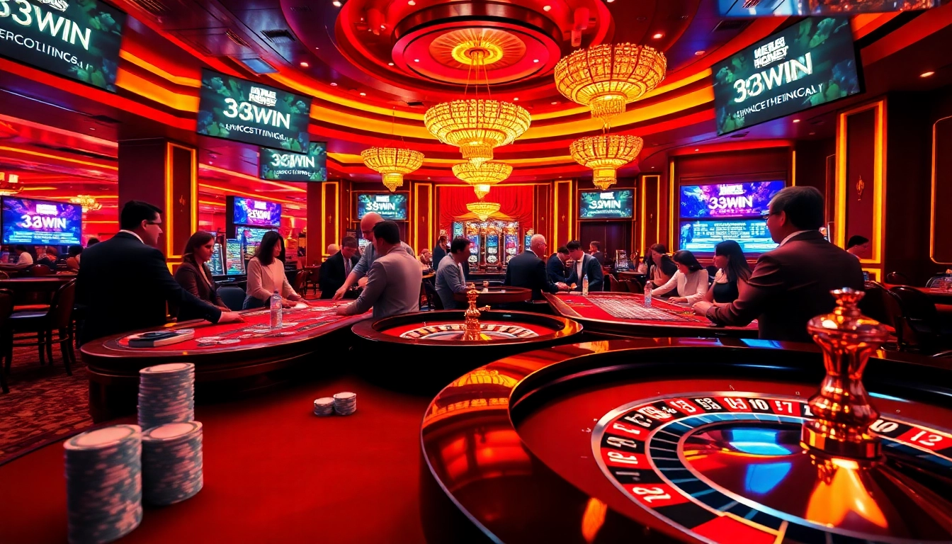 33WIN players enjoying an elegant casino atmosphere at a roulette table with vibrant chips.