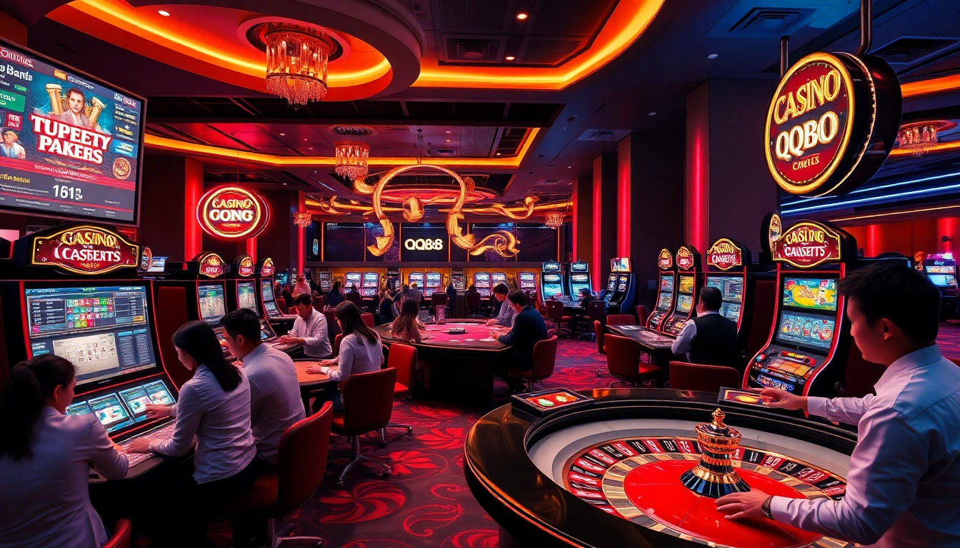 Engaging scene of QQ88 casino players enjoying games in a vibrant, modern setting.