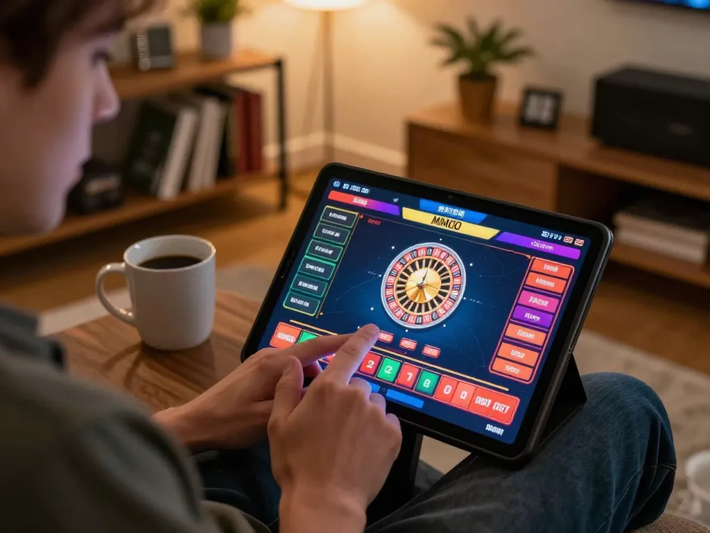 Engaged player placing bets on MMOO roulette game in a cozy home setting, showcasing strategic online gaming.