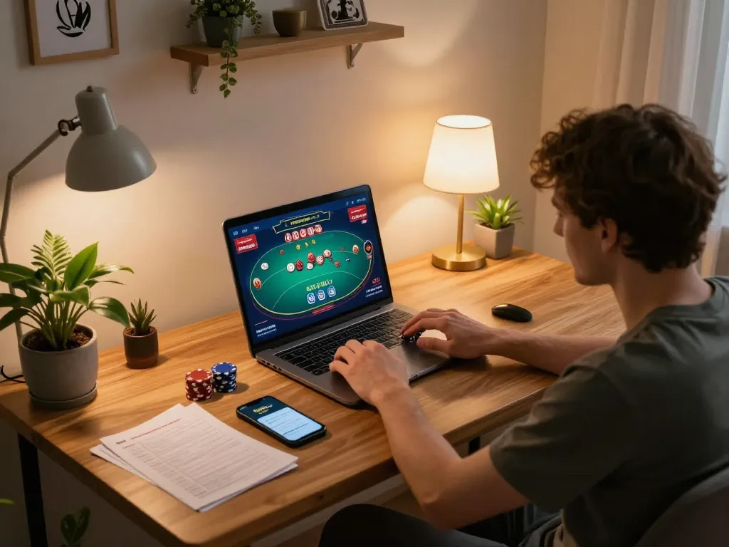 Kubet player strategizing and betting at home with laptop and notes visible.