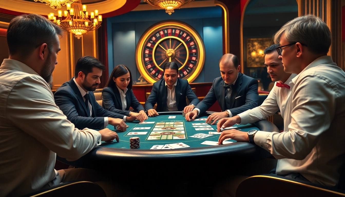 Engaged gamblers enjoy high-stakes poker at a luxurious QQ88 casino table surrounded by excitement.