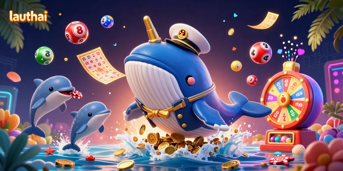 Engage with lauthai's vibrant gaming world, featuring whale, dolphins and lottery elements in dynamic action.