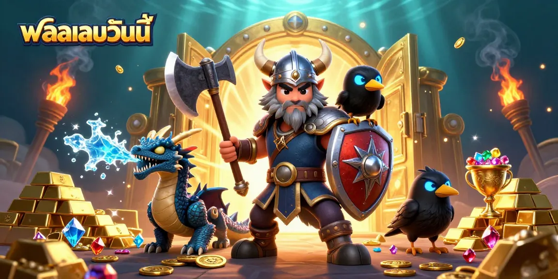 Experience intense betting action with ผลบอลวันนี้ surrounded by vibrant treasures and heroic characters.