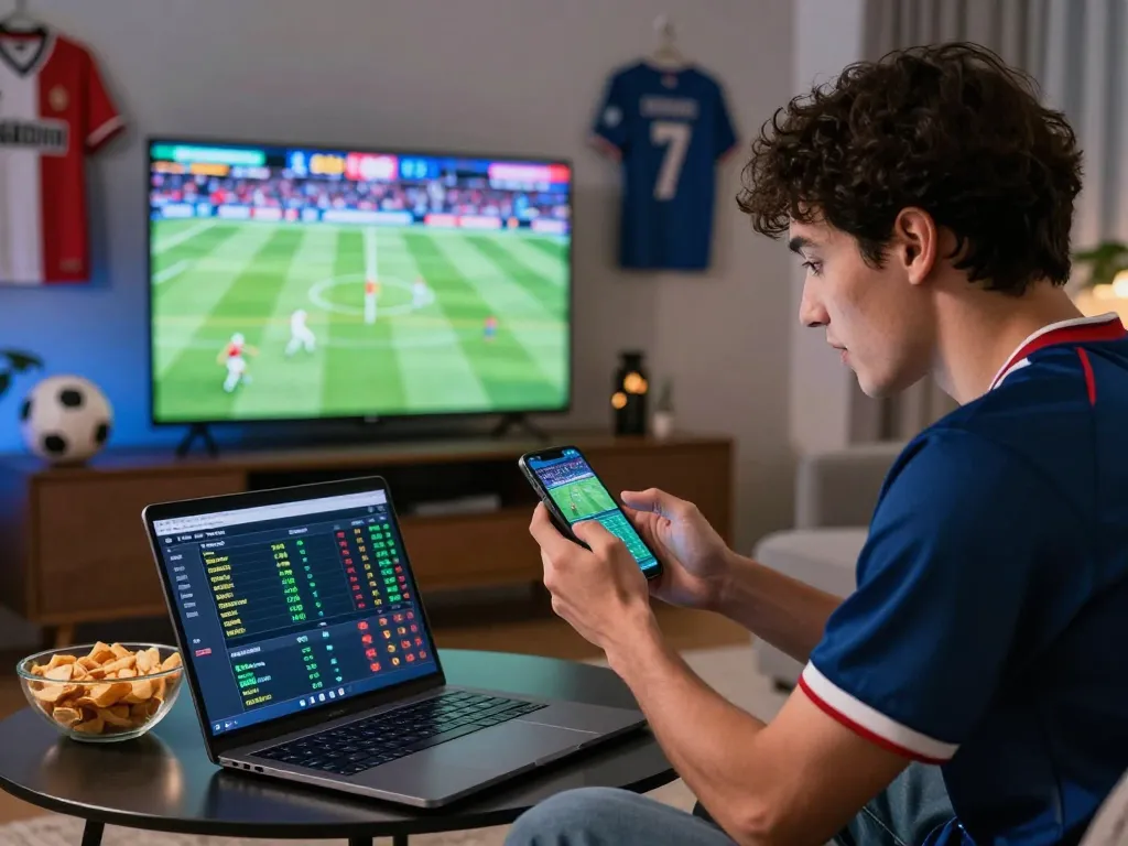 Engaging zbet user placing bets on smartphone in modern living room amidst live sports backdrop.