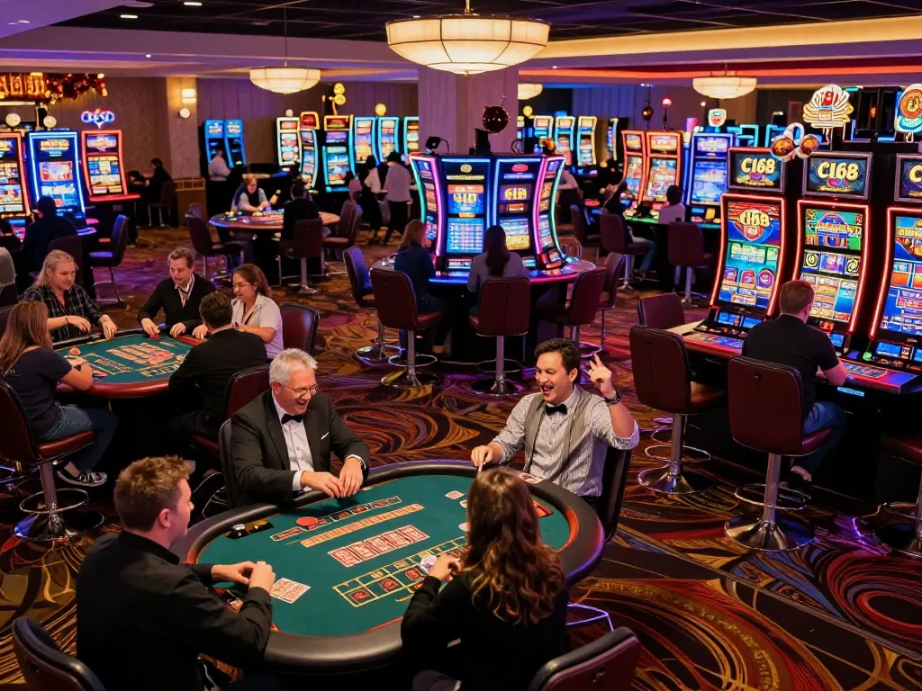 C168 casino floor filled with players enjoying vibrant games and celebrating wins around colorful tables.