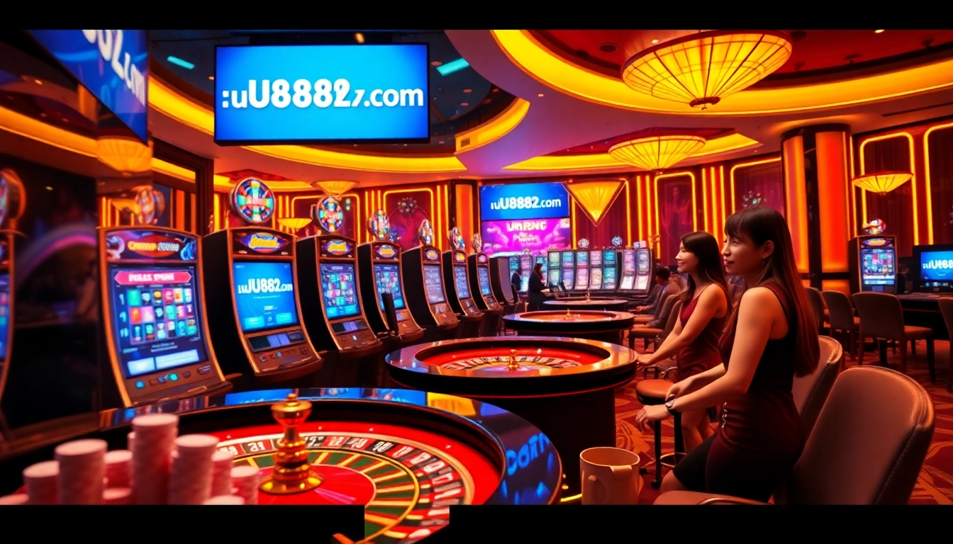 players enjoying casino games at uu88vn.za.com with vibrant slot machines and poker chips