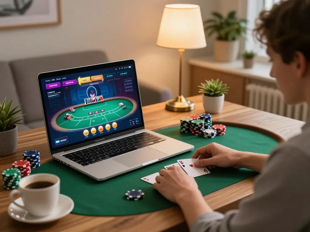 Engaging poker gameplay experience on 8day through a cozy home setup with a laptop.