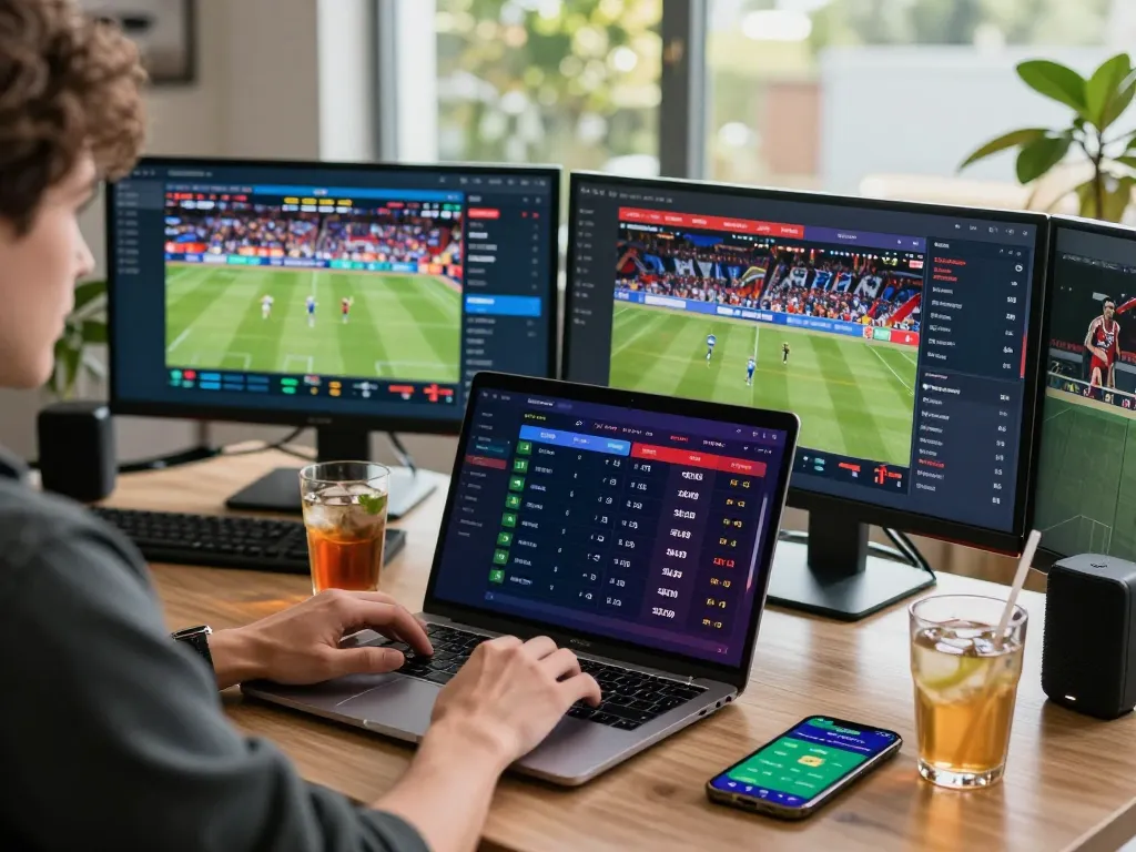 A user engaged in sports betting on the debet platform, with live events displayed on multiple screens and a dynamic betting interface.