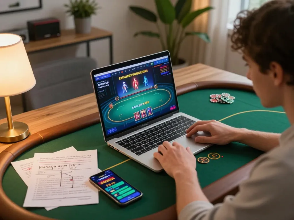 Engaged player strategizing in online TR88 casino poker session with notes and mobile app.