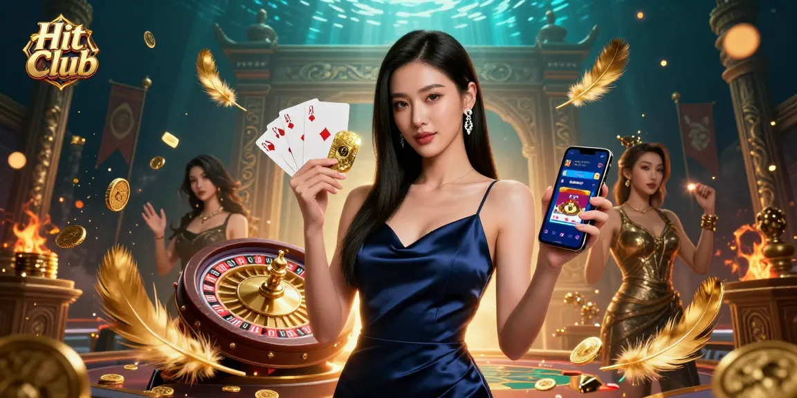 Engage with Hit Club and witness an Asian woman exploring casino games with vibrant golden elements.