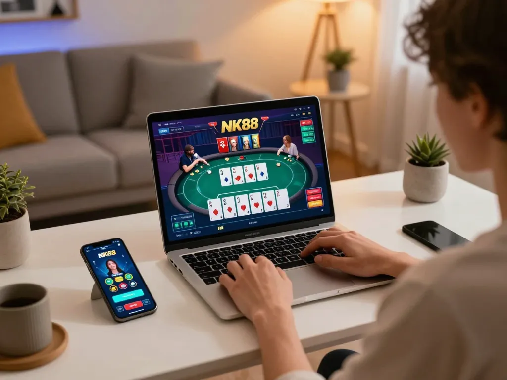 Engaging online gambling session on NK88 with laptop and smartphone, showcasing user-friendly interface.