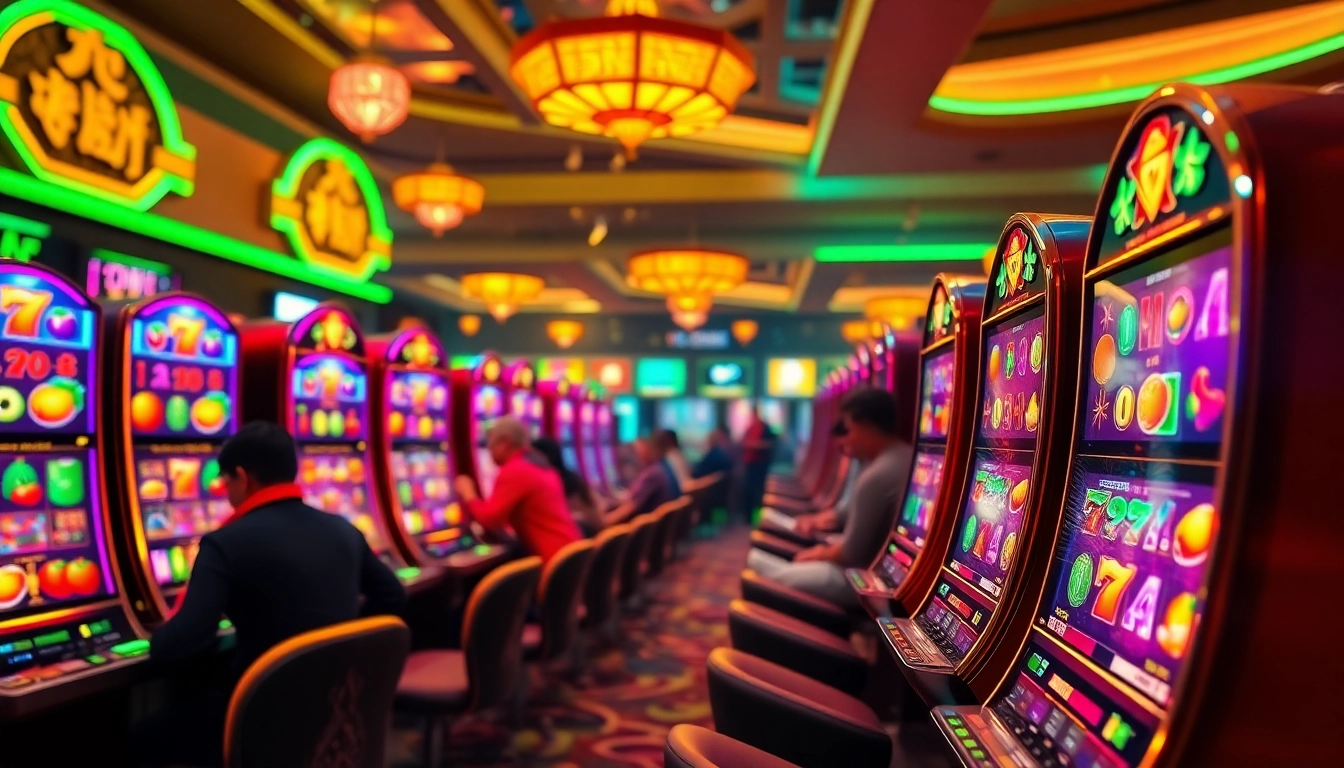 Players celebrating big wins at a vibrant nổ hũ slot machine in an exciting casino atmosphere.