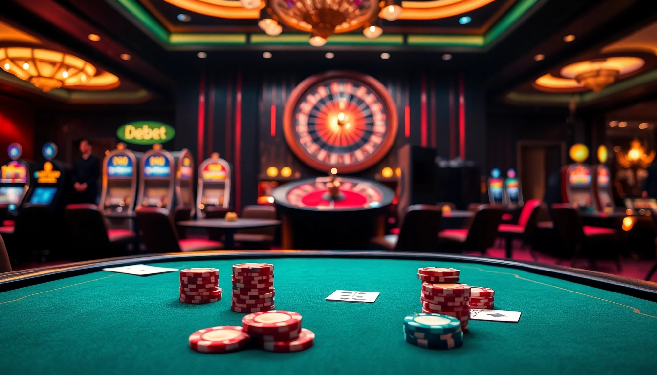 The vibrant atmosphere of a luxury casino featuring poker tables and roulette wheels at https://debet13.com/ for an exciting gambling experience.