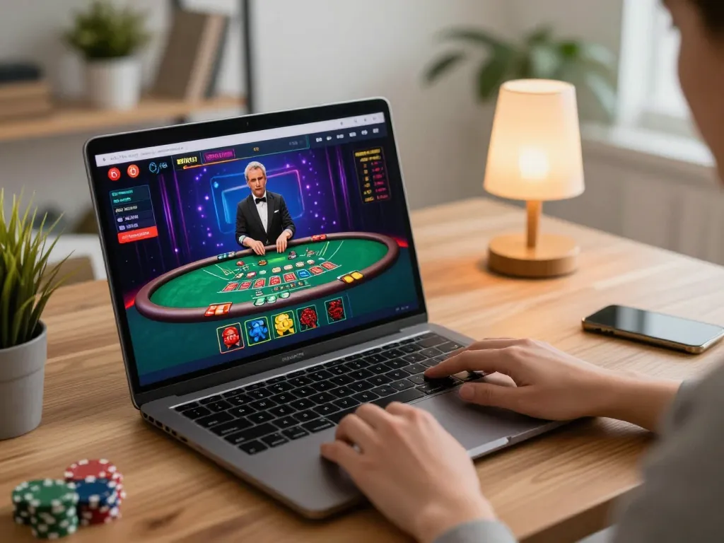Engaging with 56WIN's live dealer blackjack game on a laptop, creating an immersive online gaming experience.