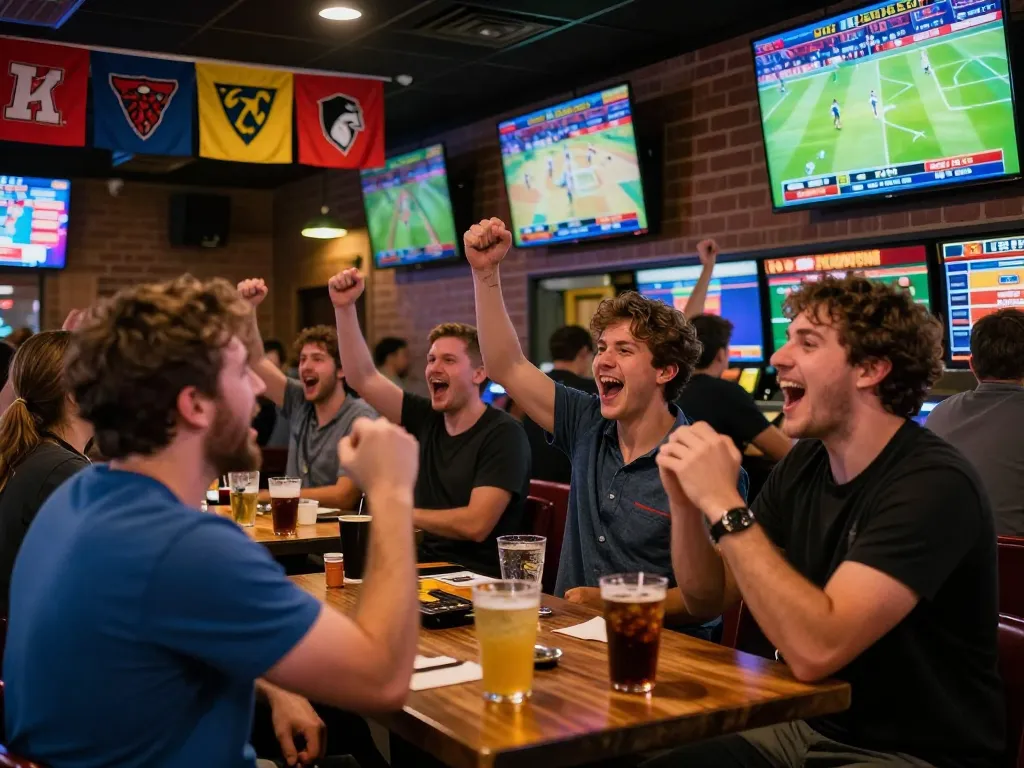 O8 players engaging in thrilling sports betting at a lively bar with multiple screens.