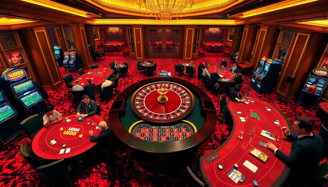 Players enjoying a thrilling game at U888 casino with roulette and poker setups.
