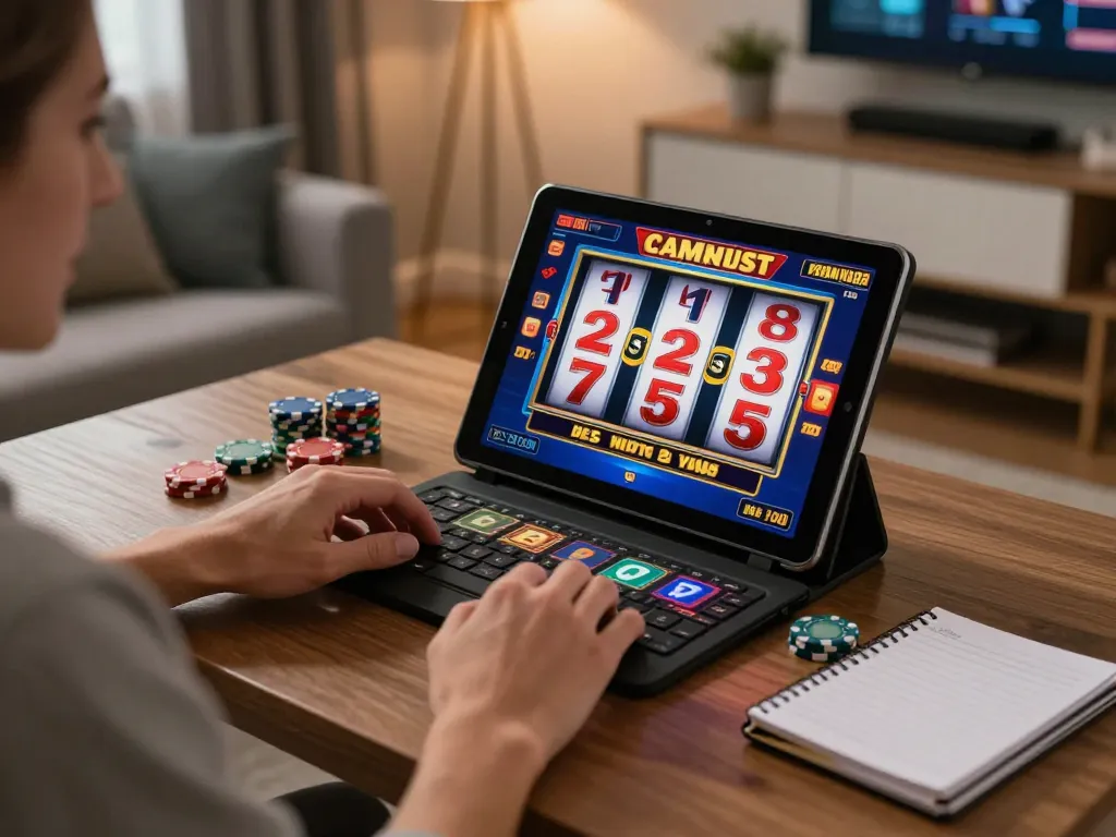 Player enjoying online slots at home with lv88 app on tablet, showcasing engaging gaming experience.