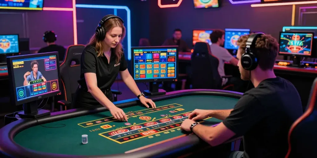 Engaging online gaming scene at https://nbet.page/ featuring players and attractive dealer in a vibrant casino atmosphere.