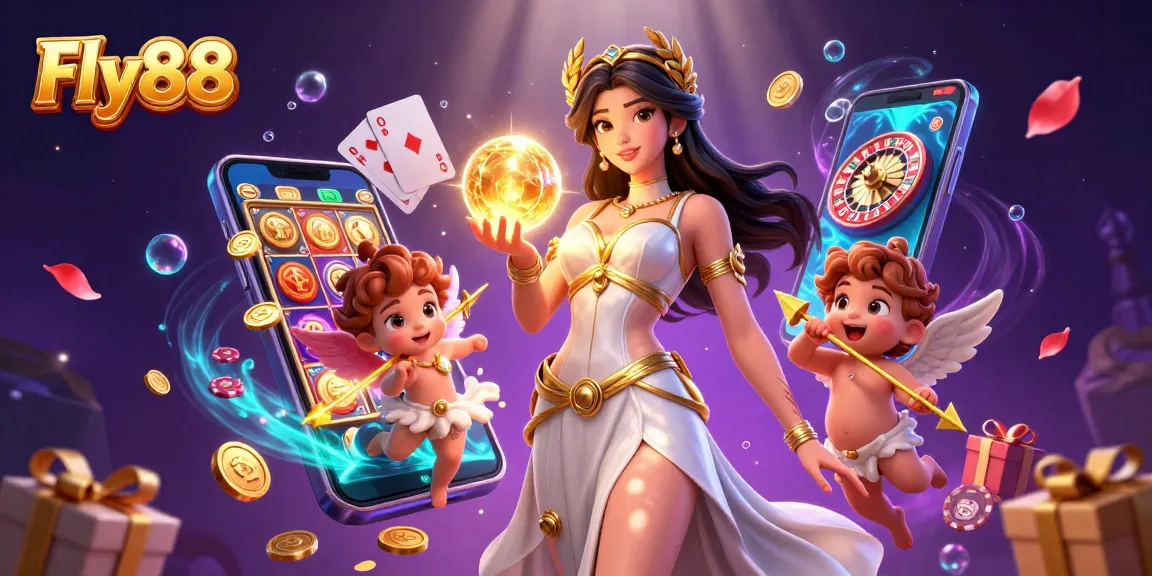 Engage with thrilling games at Fly88 featuring vibrant slot machines and a glamorous goddess.