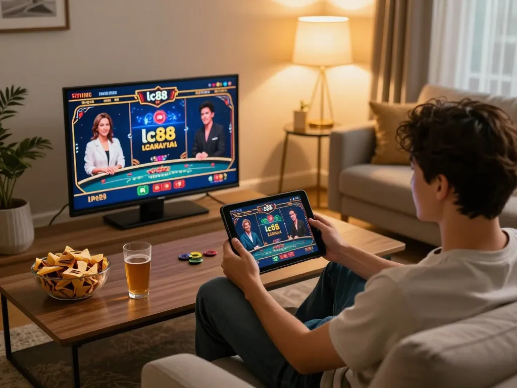 Engaged player using the lc88 casino app on a tablet in a cozy home setting, showcasing online gaming excitement.