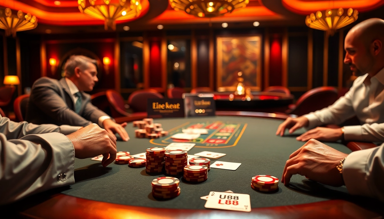 Exciting poker gameplay at a UU88 casino, showcasing luxury and high stakes action.