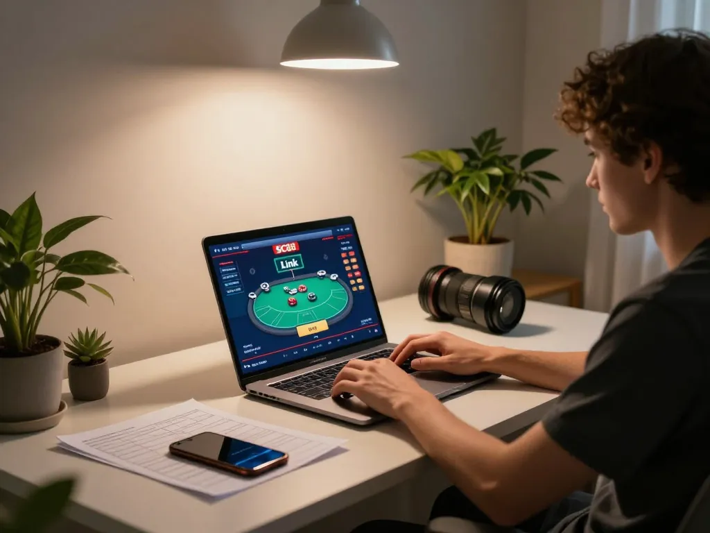 Engaging with SC88 Link poker game on a laptop in a cozy home setup