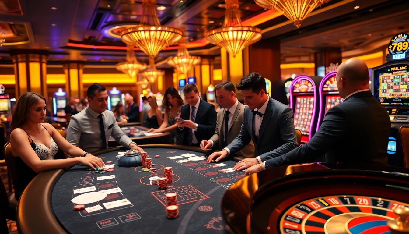 Players engaging in thrilling games at 789f, featuring poker tables and a roulette wheel.