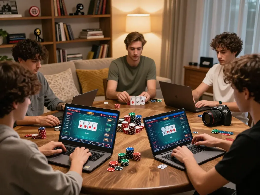 lu88 players strategically betting during an intense online poker session in a cozy home setup.
