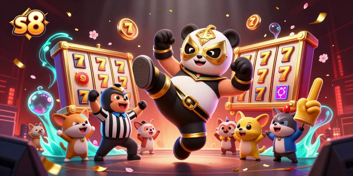 S8 casino scene featuring a wrestler panda kicking while slot reels spin amidst cheering animal fans.