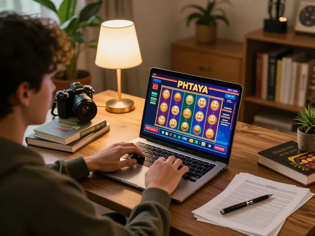 Player engaging with PHTAYA online casino on laptop in cozy home setting, illustrating responsible gaming