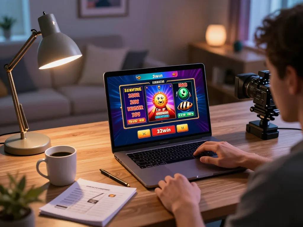 Player enjoying online casino gameplay on 32win, laptop with vibrant game display and warm atmosphere.