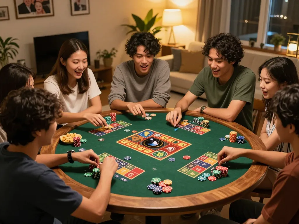Xóc diavn players enjoying a friendly home game night with colorful chips and warm lighting