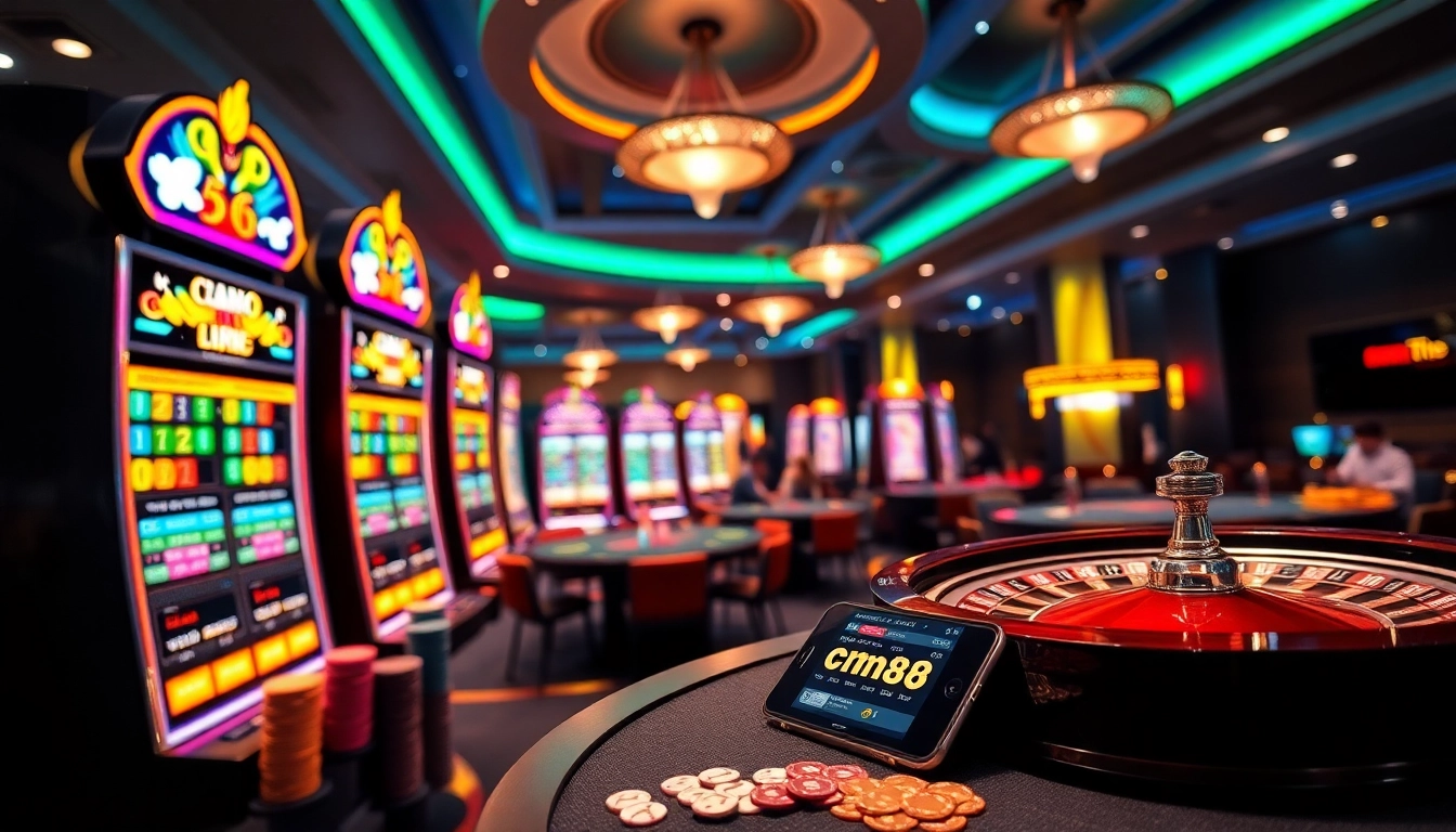 Experience the thrill of cm88 with vibrant casino visuals showcasing dynamic slot machines and excited players.