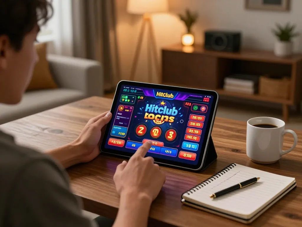 Engaged player using the Hitclub app on tablet, enjoying immersive online gaming experience.