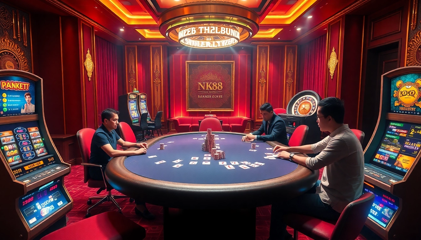 Players strategize at the NK88 poker table, surrounded by vibrant casino elements and excitement.