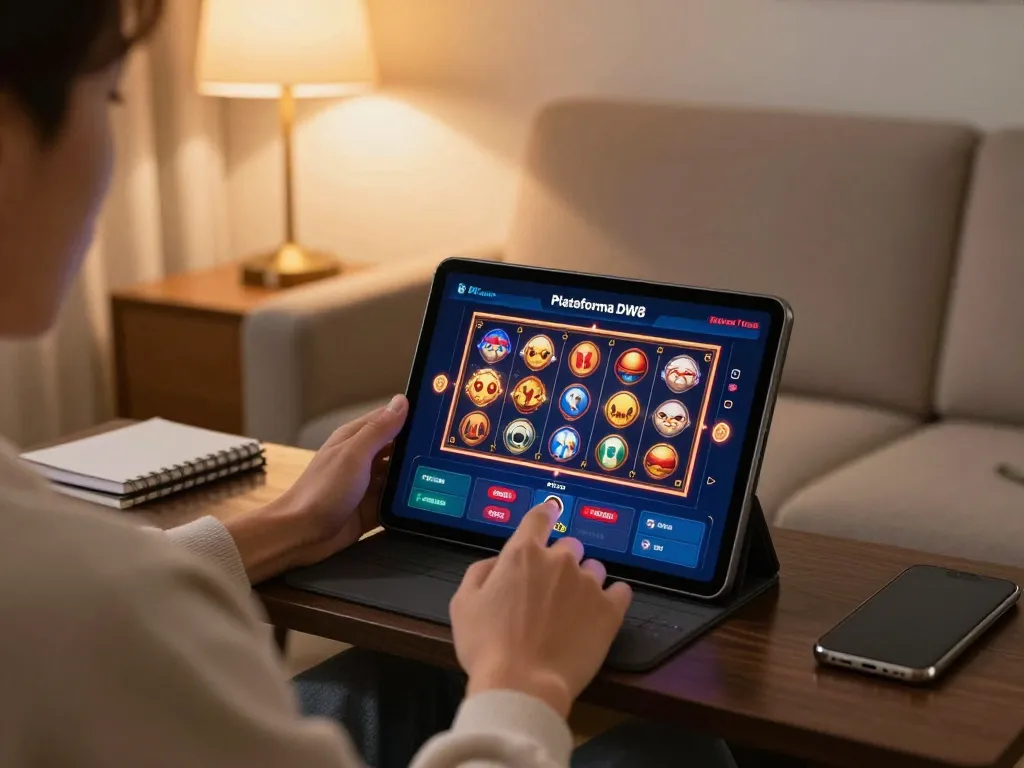 Engaging with Plataforma DW8 gaming on a tablet in a cozy home setting.
