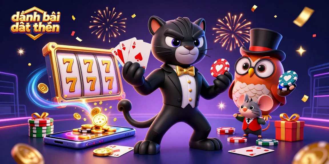 Engage in đánh bài đổi thưởng with stylish panther dealer, owl and lucky mouse in a vibrant casino scene.