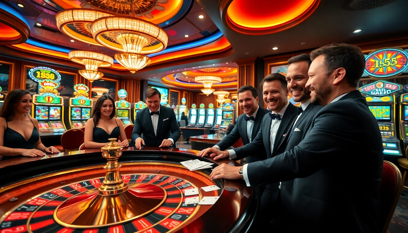 BL555 gaming scene with players at roulette and colorful slot machines.