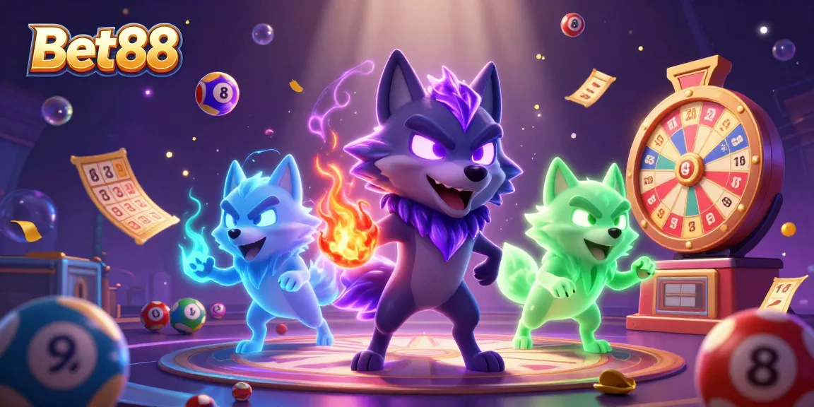 Experience thrilling wins with Bet88's vibrant casino elements and 3D wolf characters in an energy-filled scene.