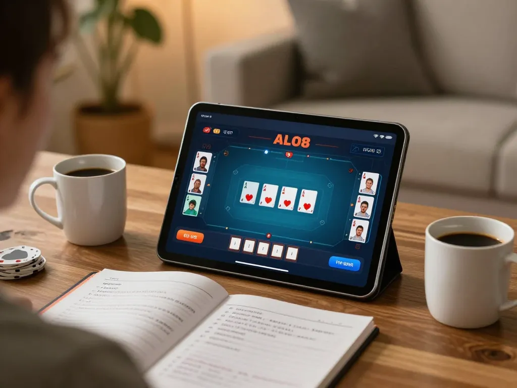 Engaging poker game interface on ALO8 app showcased on tablet during casual home gaming session.