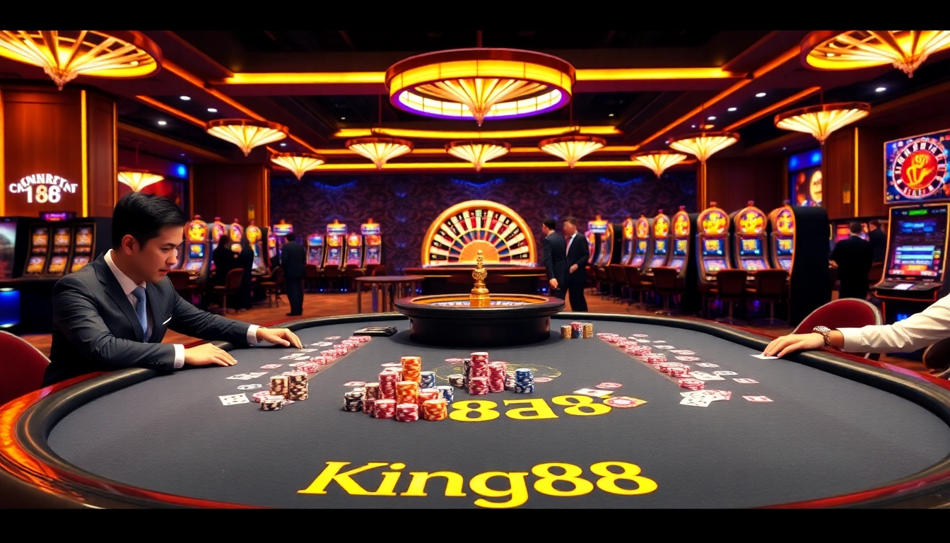 Experience an exhilarating game at King88's vibrant casino table, featuring dynamic players and luxurious decor.