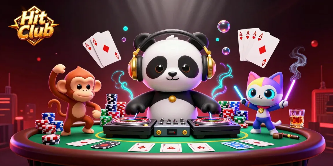 Hit Club showcases a lively 3D casino scene featuring a DJ panda spinning, breakdancing monkey, and glowing kitten.